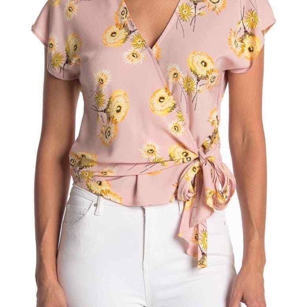 Madewell Floral Pink Yellow Short Sleeve Wrap Top Twiggy Wisteria Dove Sz M